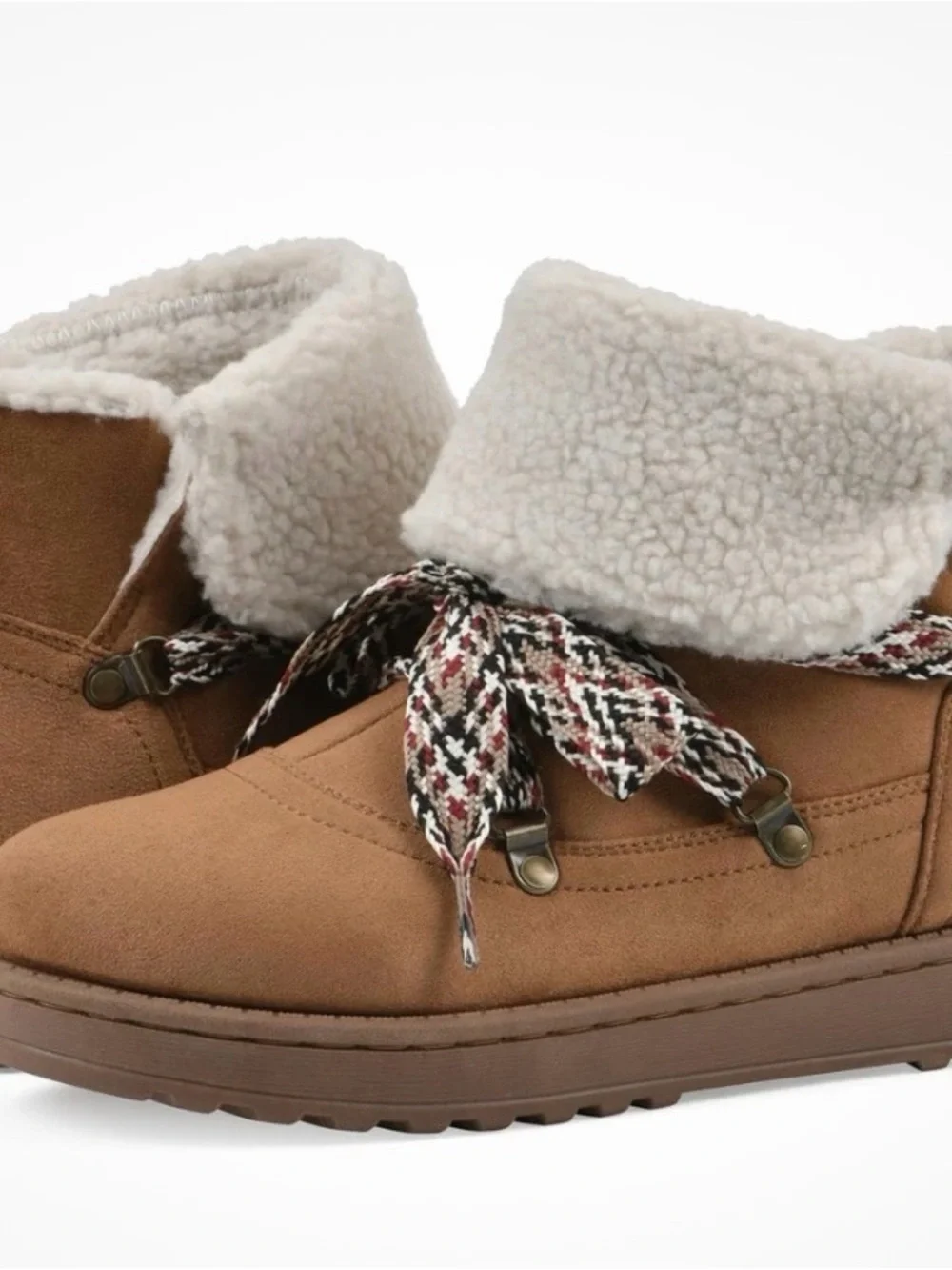 White Mountain Tan Faux-Suede Sherpa-Lined Ankle Boot with Braided Laces